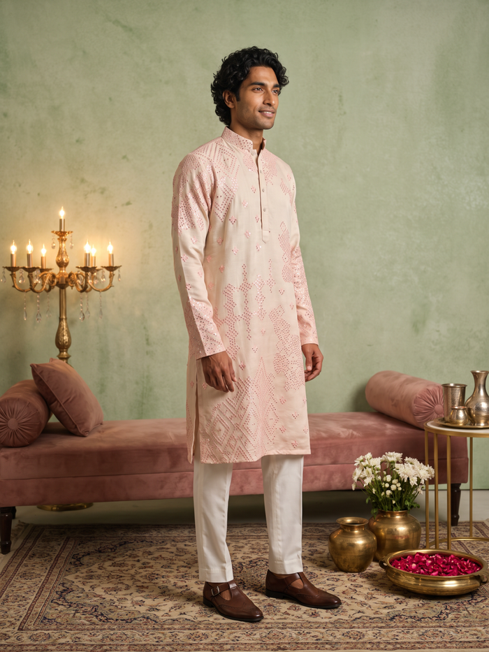 Cream & Peach Silk Embroidered Kurta with Aligarhi Bottoms - KORANM