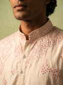 Cream & Peach Silk Embroidered Kurta with Aligarhi Bottoms