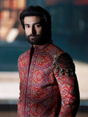 Classic Red Embroidered Indo-Western Set with Black Pants | Worn by Meezaan Jafri | Kora by Nilesh Mitesh
