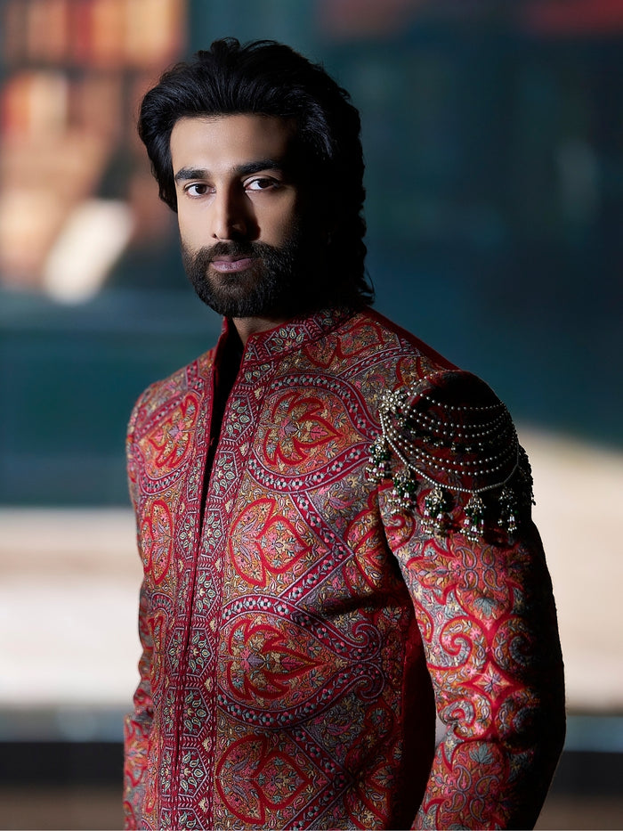 Classic Red Embroidered Indo-Western Set with Black Pants | Worn by Meezaan Jafri | Kora by Nilesh Mitesh - KORANM