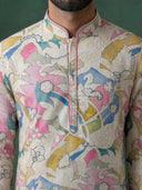 Natural Silk Kurta Set with Cream Aligarhi – Geometric Printed Ethnic Wear for Men