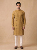 Mustard Silk Kurta Set with White Aligarhi for Men – Classic Ethnic Wear - KORANM
