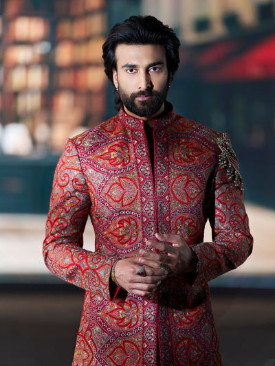 Classic Red Embroidered Indo-Western Set with Black Pants | Worn by Meezaan Jafri | Kora by Nilesh Mitesh - KORANM