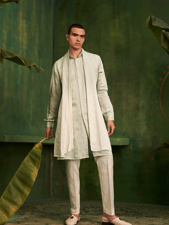 Pista Cream Kurta Set With Attached Dupatta and Aligadi Pants - KORANM