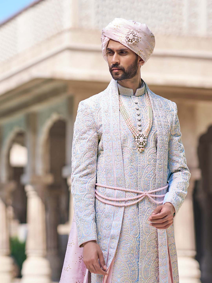 Carnation Blue Embroidered Traditional Sherwani For Men