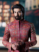 Classic Red Embroidered Indo-Western Set with Black Pants | Worn by Meezaan Jafri | Kora by Nilesh Mitesh