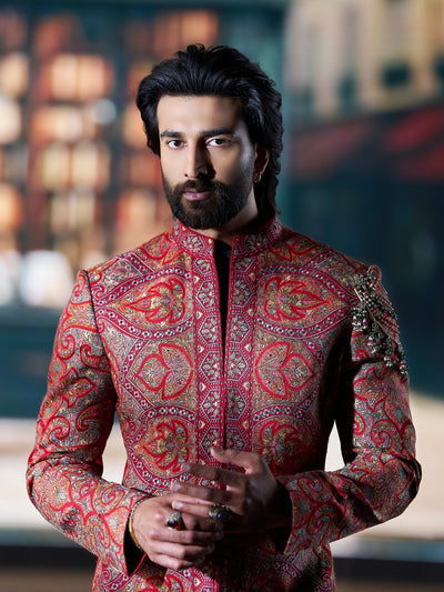 Classic Red Embroidered Indo-Western Set with Black Pants | Worn by Meezaan Jafri | Kora by Nilesh Mitesh - KORANM