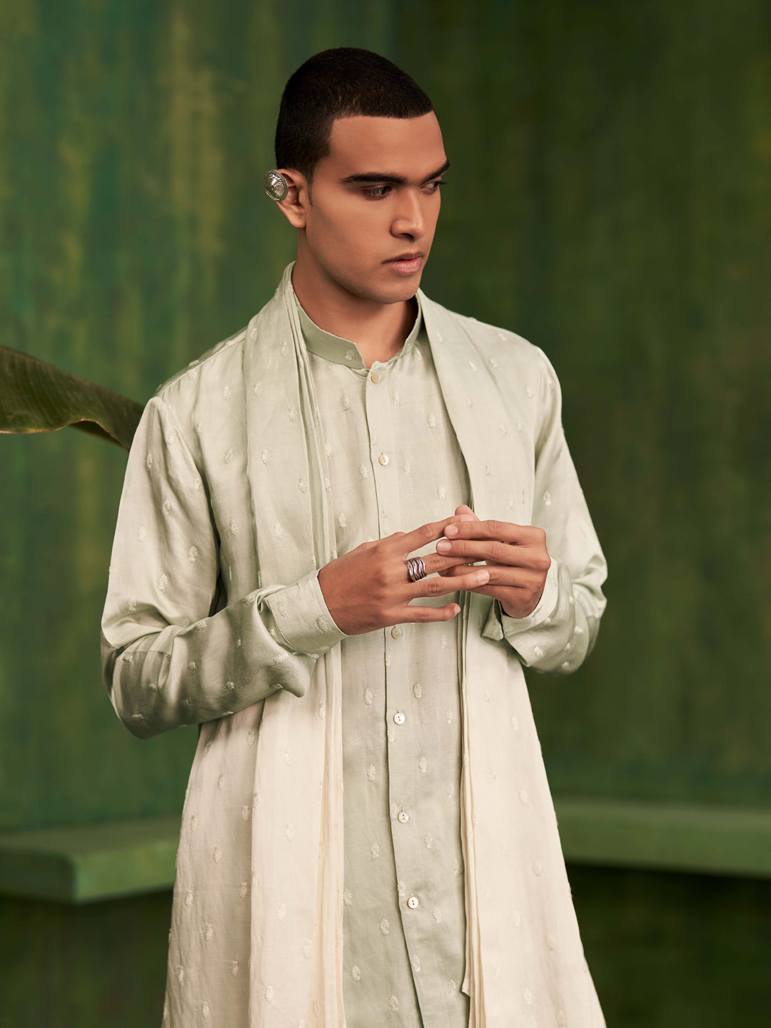 Pista Cream Kurta Set With Attached Dupatta and Aligadi Pants - KORANM