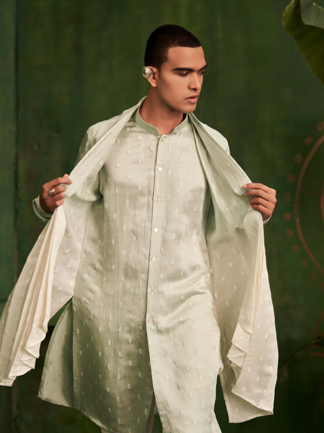 Pista Cream Kurta Set With Attached Dupatta and Aligadi Pants - KORANM