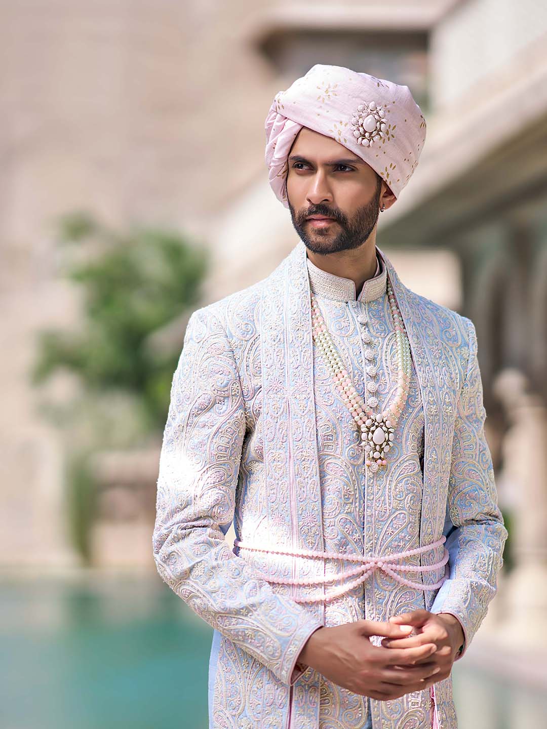 Carnation Blue Embroidered Traditional Sherwani For Men