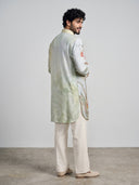 Pista Satin Linen Floral Printed Kurta Set with White Palazzo for Men