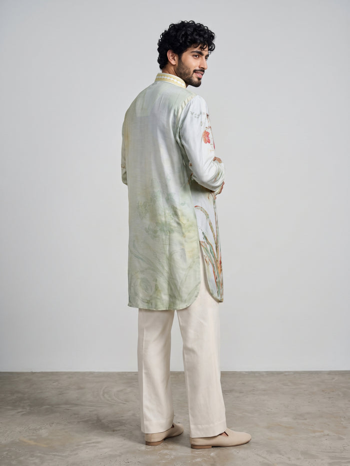 Pista Satin Linen Floral Printed Kurta Set with White Palazzo for Men - KORANM