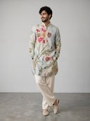 Pista Satin Linen Floral Printed Kurta Set with White Palazzo for Men