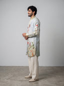 Pista Satin Linen Floral Printed Kurta Set with White Palazzo for Men