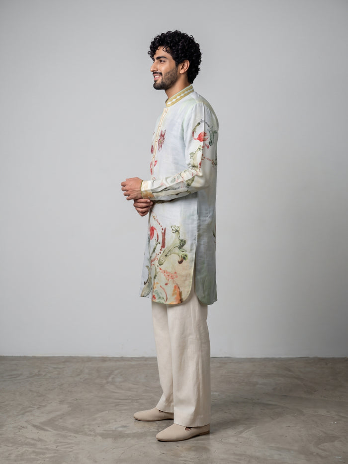 Pista Satin Linen Floral Printed Kurta Set with White Palazzo for Men - KORANM
