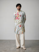 Pista Satin Linen Floral Printed Kurta Set with White Palazzo for Men