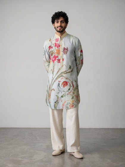Pista Satin Linen Floral Printed Kurta Set with White Palazzo for Men