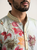 Pista Satin Linen Floral Printed Kurta Set with White Palazzo for Men