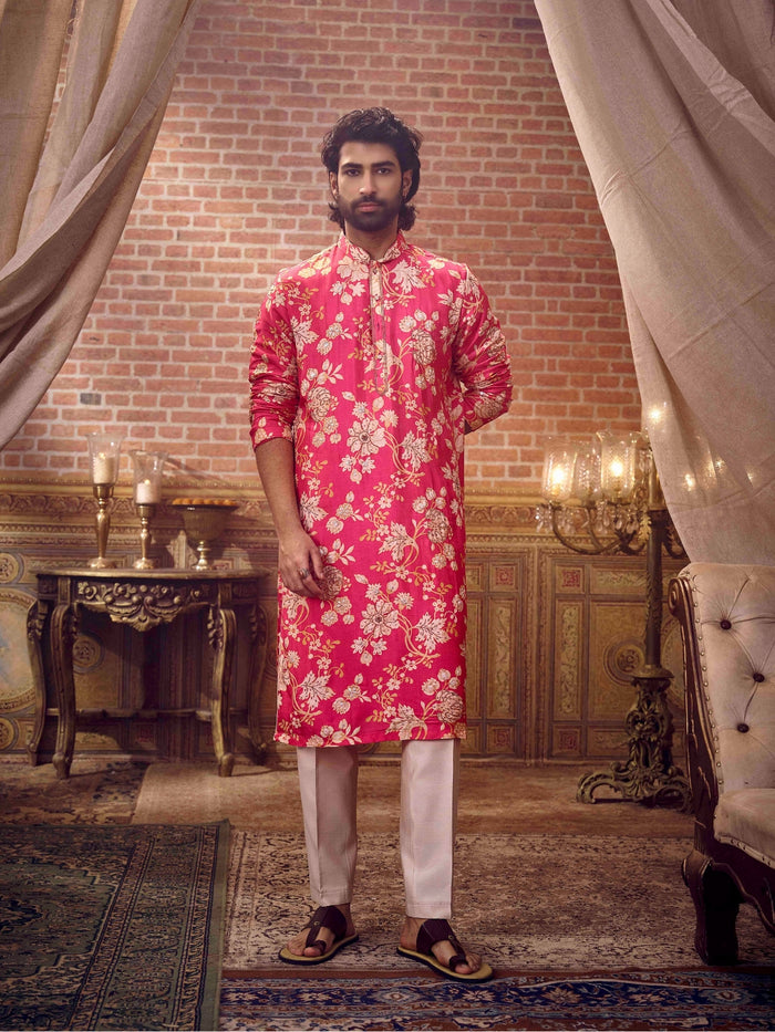 Pastel pink floral men’s kurta set with beige detailing 