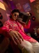 Pink Satin Linen Printed & Embroidered Kurta Set with Off White Palazzo Pant