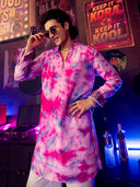 Pink Printed & Mirror Work Kurta Set with Off White palazzo Pant | Men's Festive Wear - KORANM