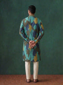 Aqua Blue Silk Kurta Set with White Aligarhi for Men – Embroidered Ethnic Wear - KORANM