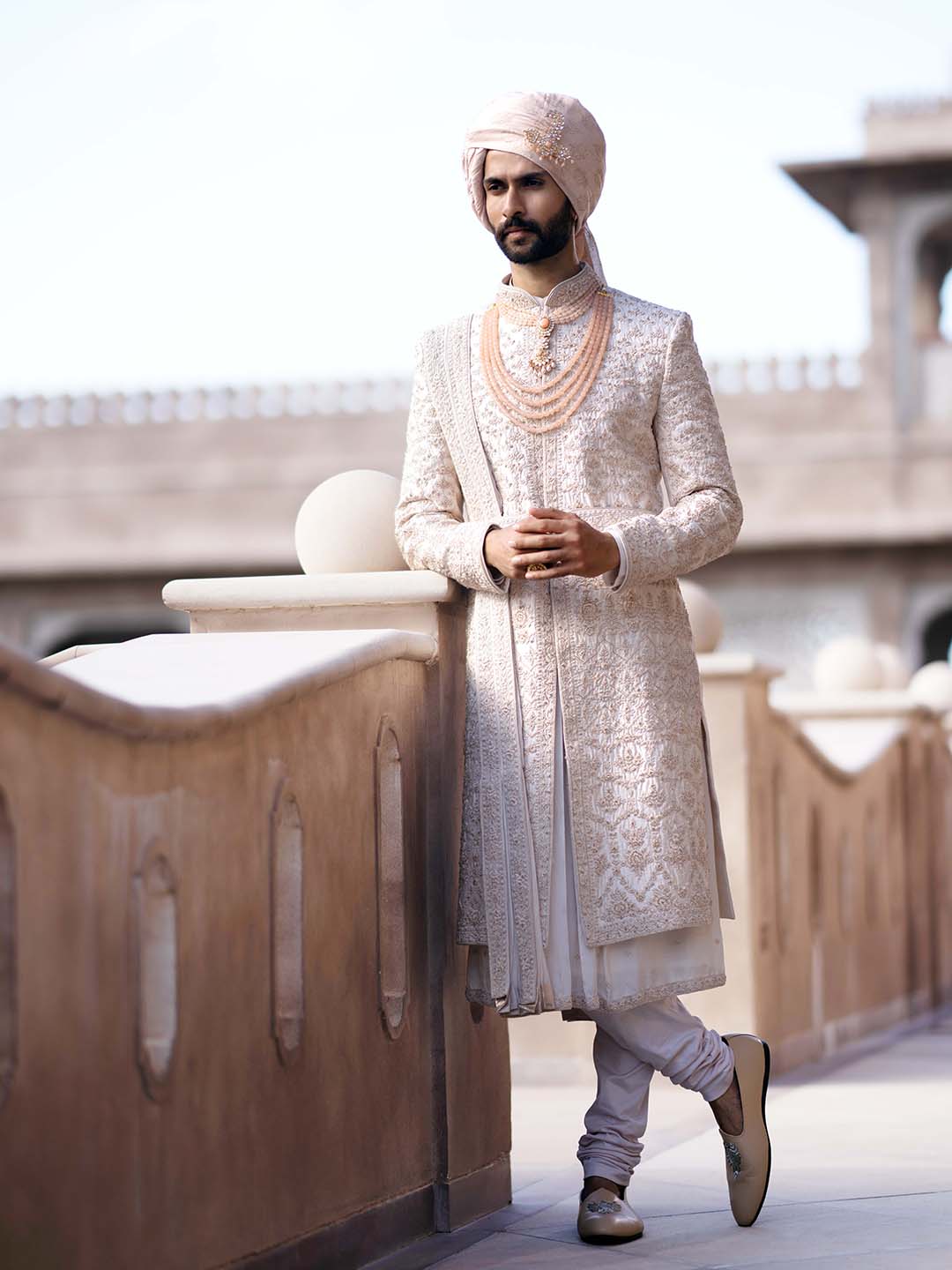 Pastel Peach Embroidered Sherwani Set For Groom