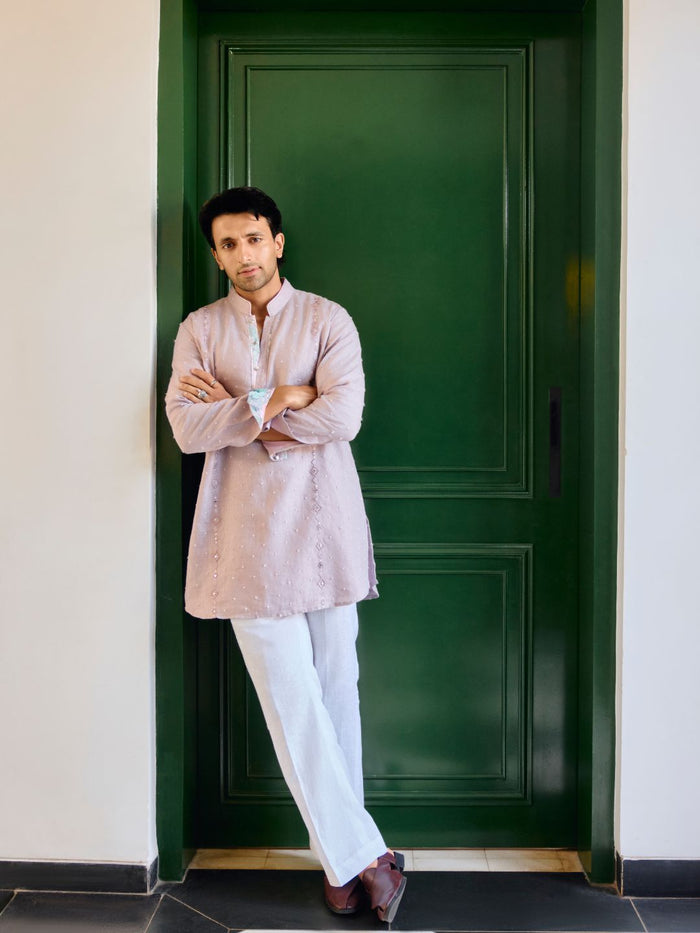 Lilac Linen Embroidered Kurta with White Aligarhi Palazzo Pant for Men - KORANM
