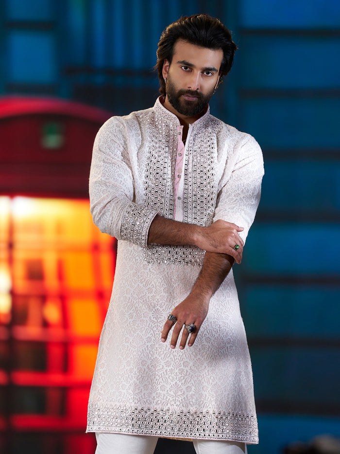 Premium Cream Prabal Silk Embroidered Kurta Set with Plazo Pants | Worn by Meezaan Jafri | KoraNm - KORANM