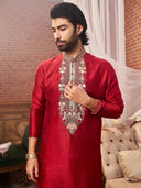 Red Mysore Silk Kurta Set with embroidery