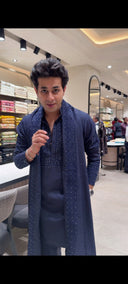 Navy Blue Twill Silk Resham Embroidered Kurta with Aligarhi Pant Set