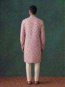 Peach Silk Kurta Set with Cream Aligarhi – Floral Ethnic Wear for Men - KORANM