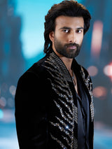 Royal black velvet embroidered Jodhpuri set with hand work by KoraNm