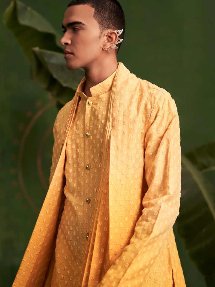 Yellow Ombre Kurta Set With Attached Dupatta and Aligadi Pants