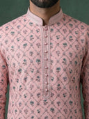 Peach Silk Kurta Set with Cream Aligarhi – Floral Ethnic Wear for Men - KORANM