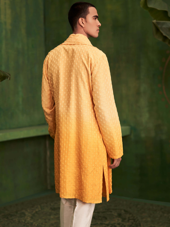 Yellow Ombre Kurta Set With Attached Dupatta and Aligadi Pants