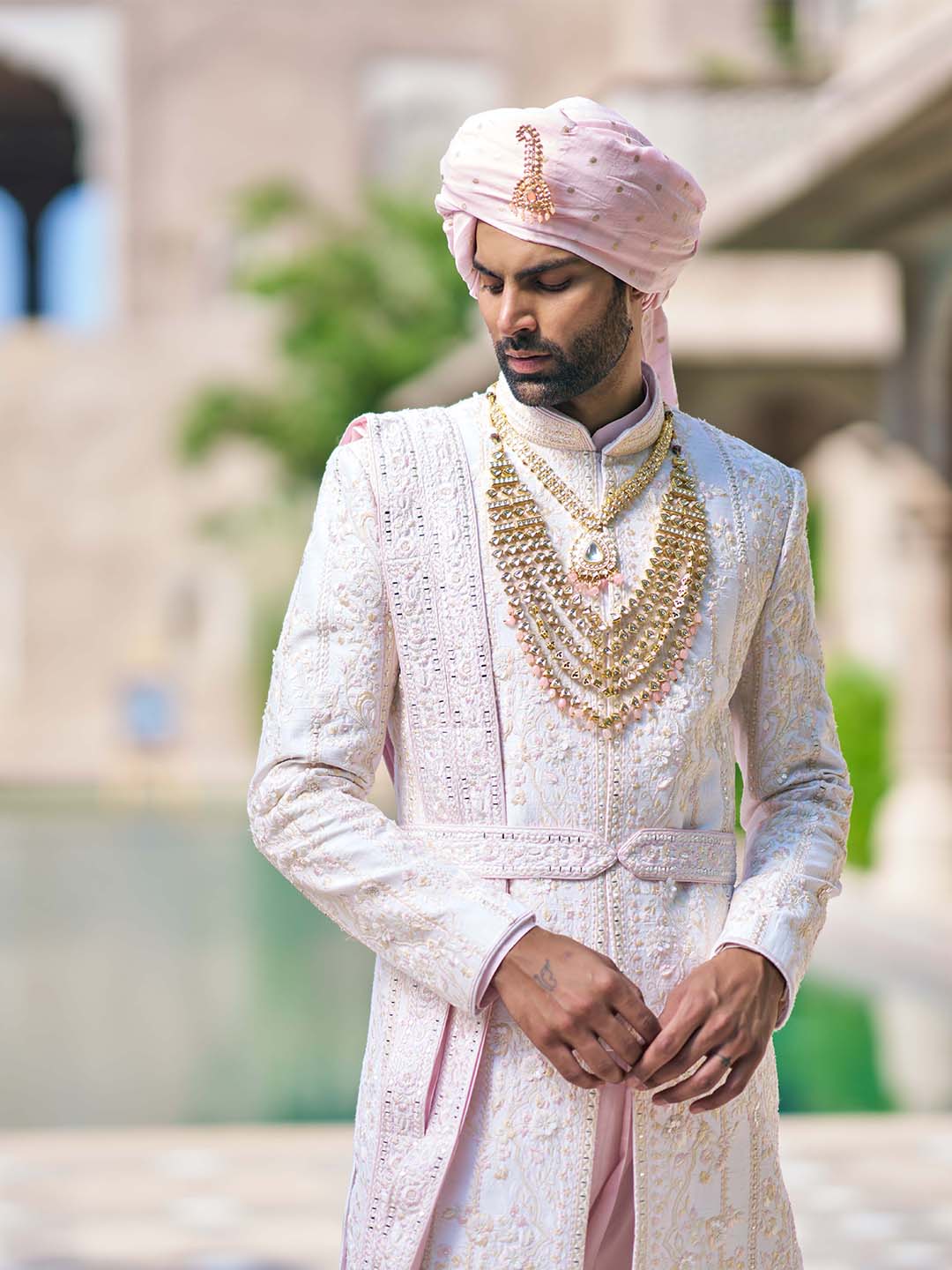 Ivory Embroidered Sherwani Set For Groom