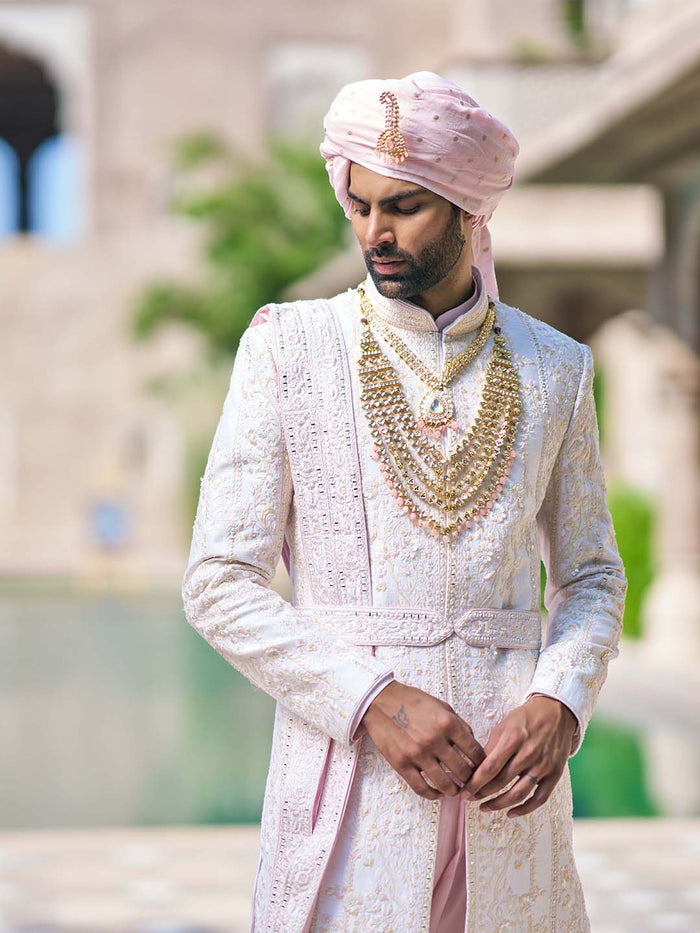 Ivory Embroidered Sherwani Set For Groom