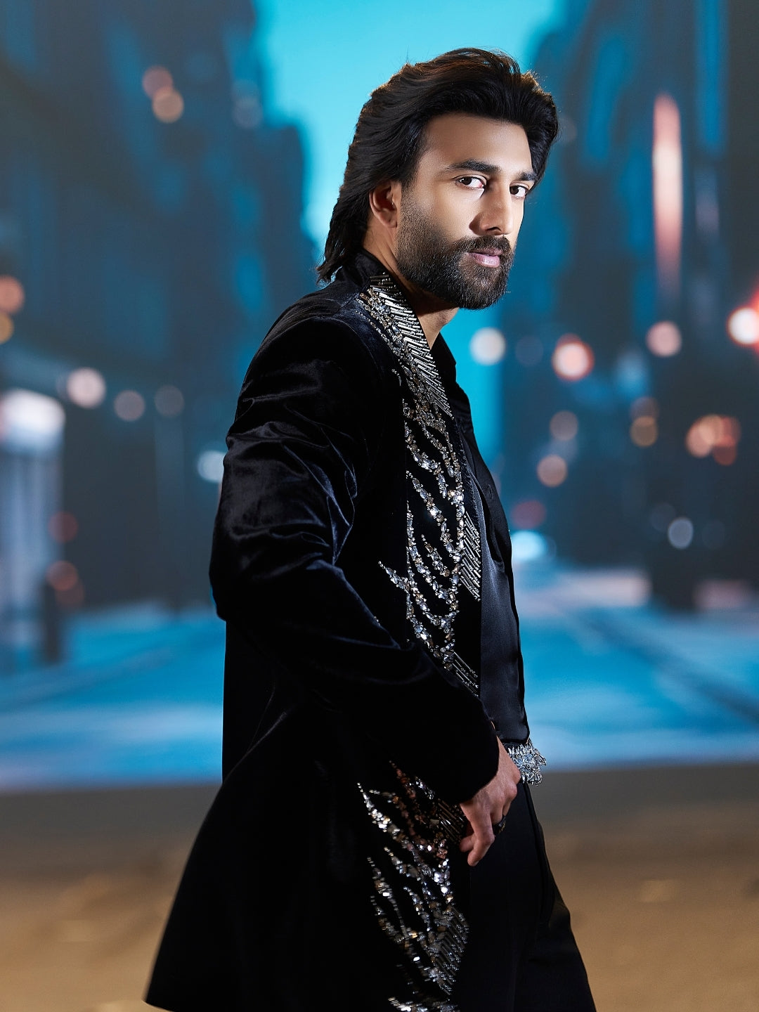 Elegant velvet Jodhpuri outfit for weddings and receptions by KoraNm