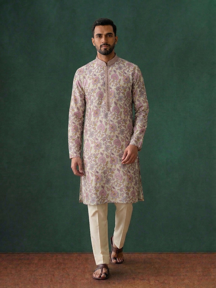 Pink Silk Kurta Set with Cream Aligarhi for Men – Floral Ethnic Wear - KORANM