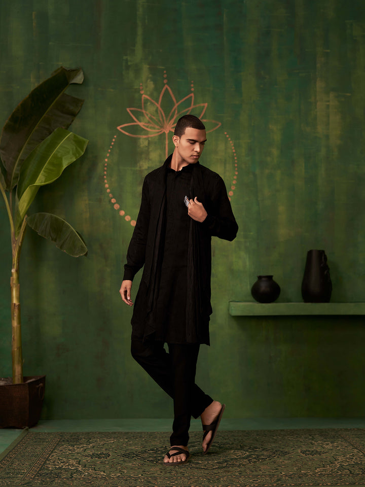 Black Kurta Set With Attached Dupatta and Aligadi Pants