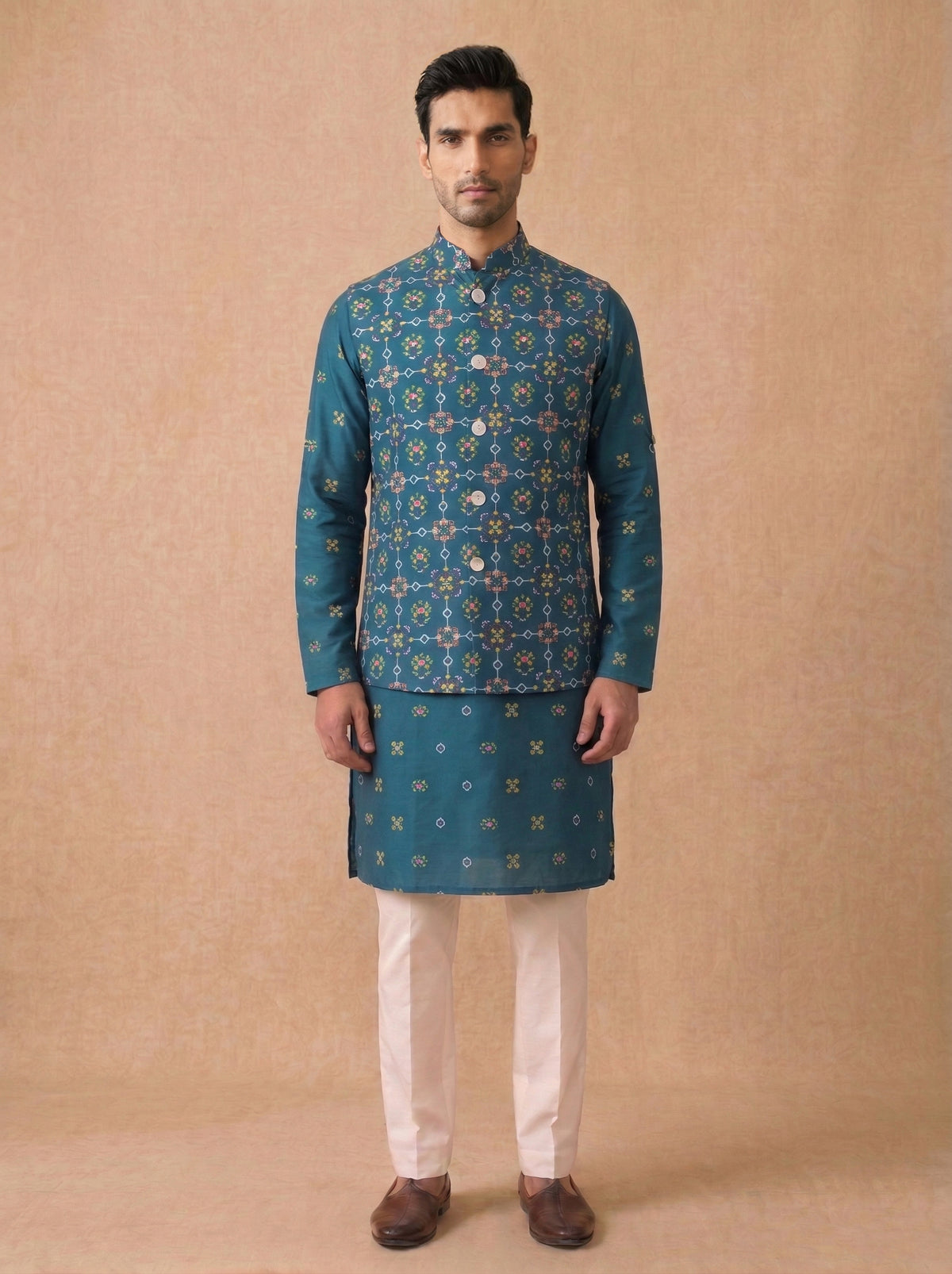 Rama Green Silk Kurta Jacket Set with White Aligarhi for Men – Floral Ethnic Wear - KORANM
