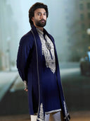 Men’s navy blue embroidered kurta set paired with cream plazo trousers – KoraNm