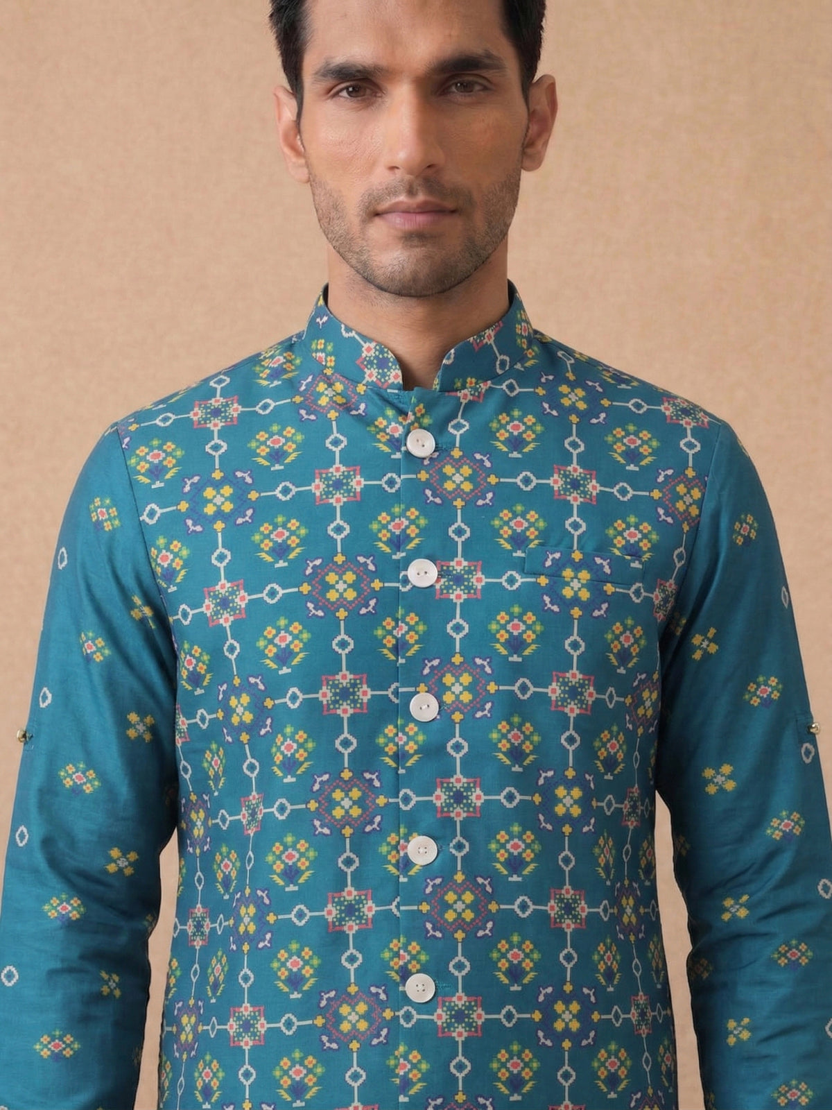 Rama Green Silk Kurta Jacket Set with White Aligarhi for Men – Floral Ethnic Wear - KORANM