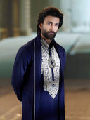 Meezaan Jafri wearing navy raw silk embroidered kurta set with cream plazo pants – KoraNm