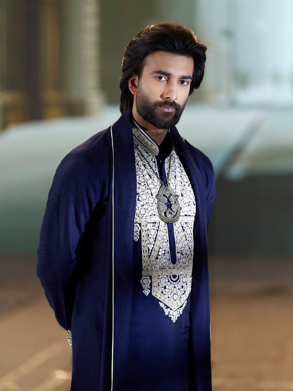 Meezaan Jafri wearing navy raw silk embroidered kurta set with cream plazo pants – KoraNm