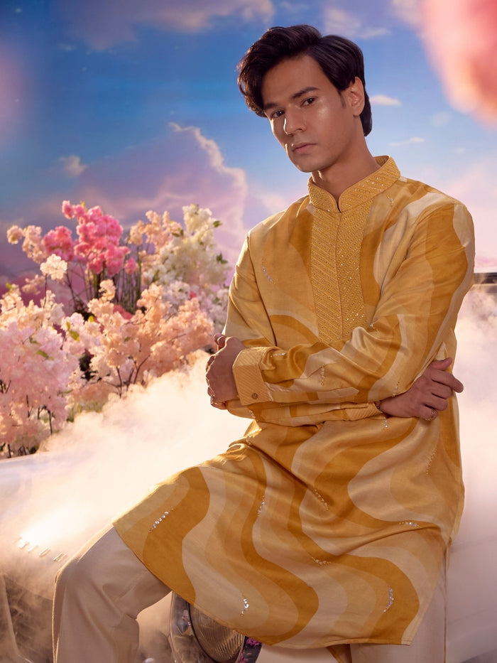 Mustard Linen Satin Embroidered Kurta Set Carnival Collection - KORANM