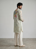 Cream Satin Linen Floral Printed Kurta Set with White Palazzo for Men