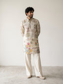 Cream Satin Linen Floral Printed Kurta Set with White Palazzo for Men