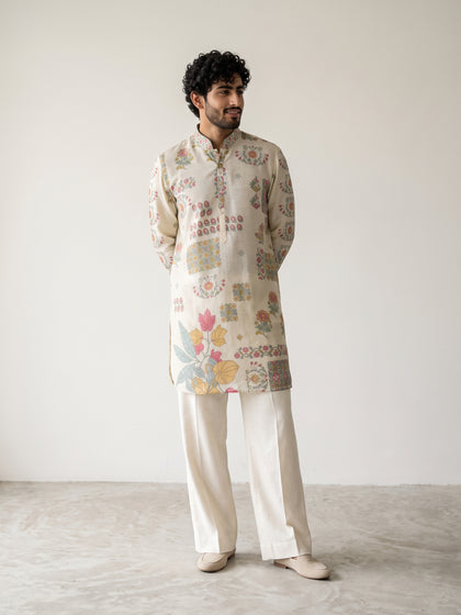 Cream Satin Linen Floral Printed Kurta Set with White Palazzo for Men